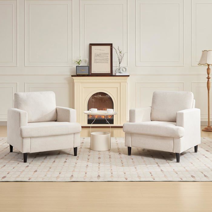 Fauteuil d’accent moderne lin mid-century coussin épais fauteuil lecture confortable salon chambre lot de 2 beige