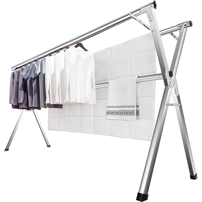 Séchoir à linge pliable 200 cm en acier inoxydable - portant portable avec 20 crochets coupe-vent pour intérieur et extérieur