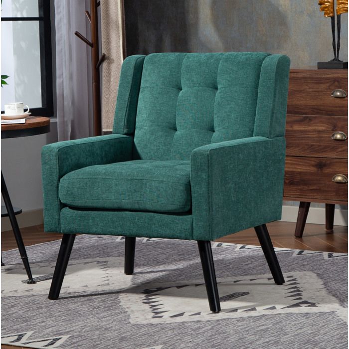 Fauteuil capitonné en tissu vert rétro avec accoudoirs assise rembourrée pieds en bois montage facile JOINERY