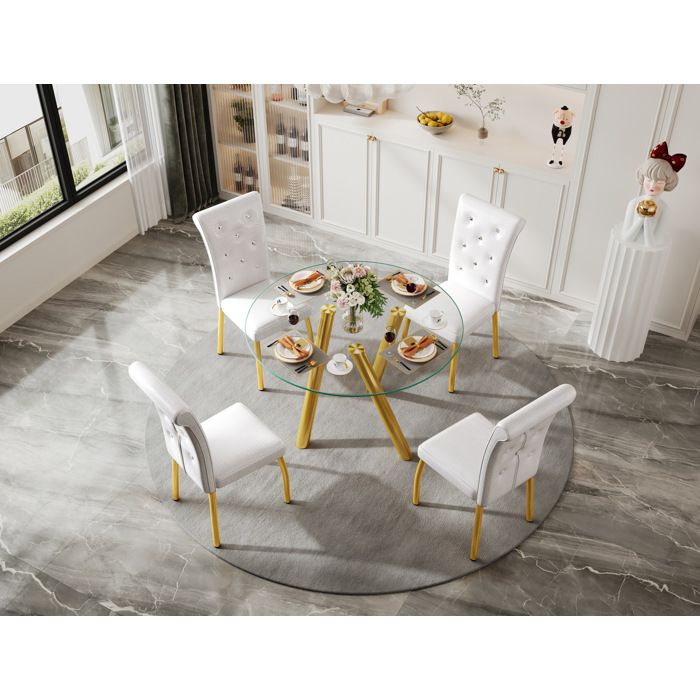 Ensemble repas 5 pièces pour 4 personnes table ronde en verre trempé chaises blanches rembourrées ORVRYN