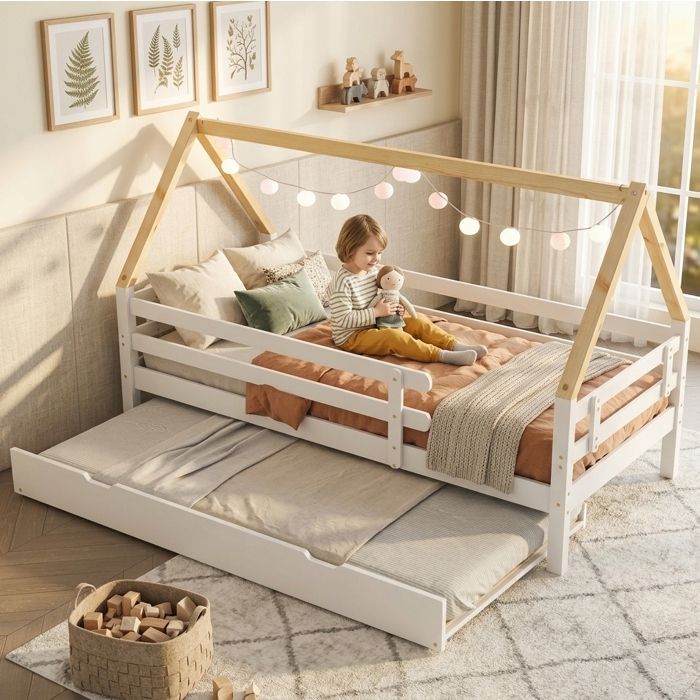 Lit cabane enfant AESVAR 90 x 200 cm avec lit gigogne 90 x 190 cm sur roulettes blanc et bois naturel