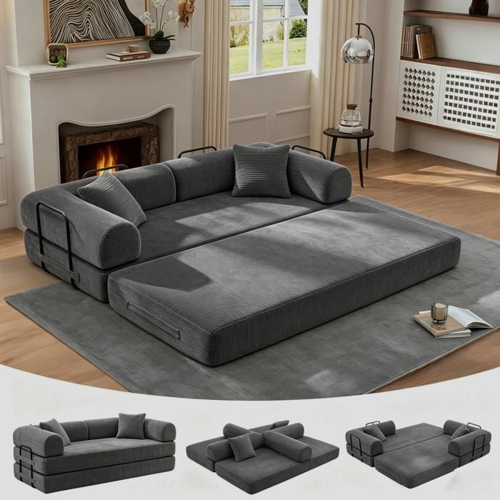 Canapé-lit 200cm de large garnissage en mousse haute densité convertible en canapé-lit 3 places avec accoudoirs gris