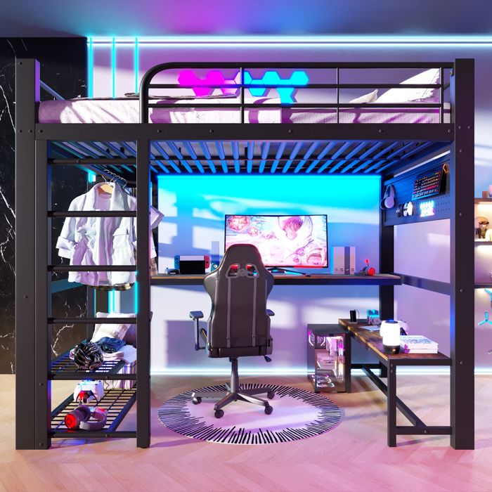 Lit superposé noir 140x200cm avec bureau étagères barre de suspension LED échelle rangement charge 150kg