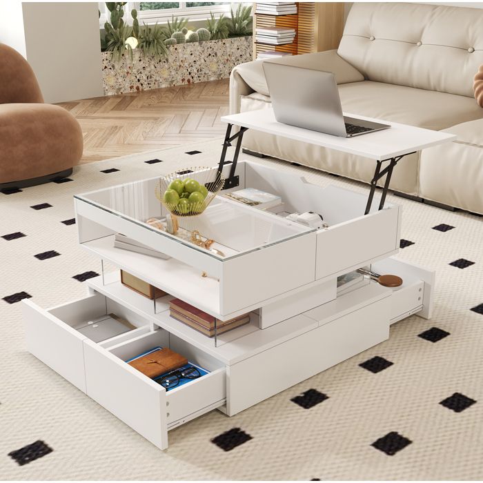Table basse relevable 70x67x57 cm avec rangement plateau en verre LED 16 couleurs blanc panneaux de particules TYNQER