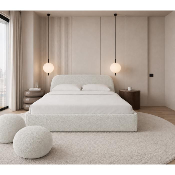 Lit coffre SOFELLO MORI 200x200 cm Tissu QUELLE crème Sommier à lattes métallique relevable Grand coffre de rangement