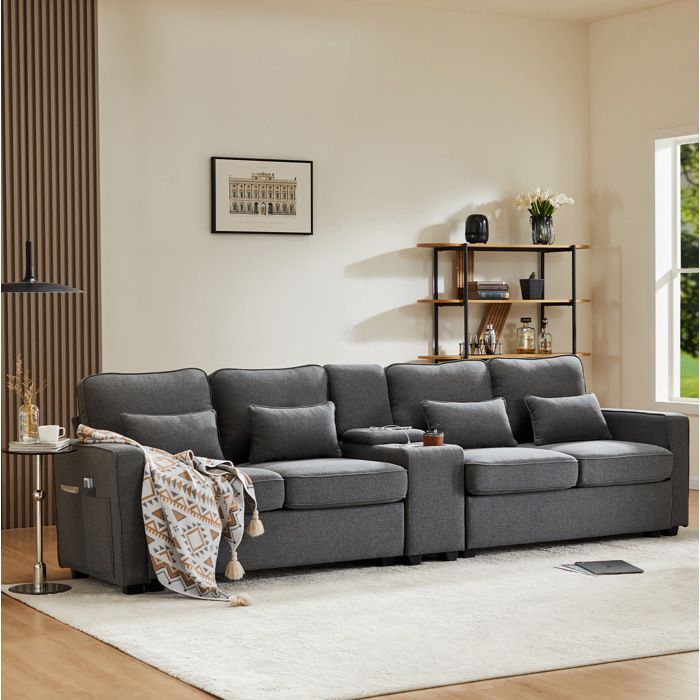 Canapé droit fixe 4 places EVRYAE 290 cm avec console 2 ports USB et rangement gris foncé aspect lin