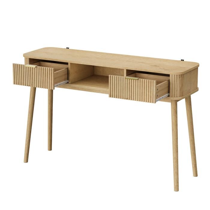 COVREO Console dentrée vintage 120 cm 2 tiroirs et niche ouverte aspect chêne pieds en bois