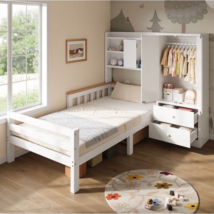 MEUBLIV Lit combiné enfant 90 x 200 cm avec armoire 2 tiroirs et étagères ouvertes blanc