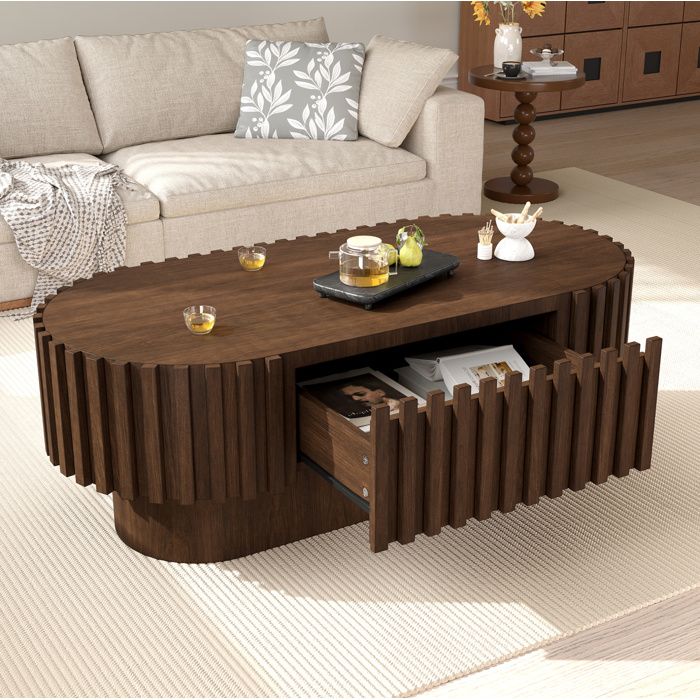 Table basse ovale noyer100 × 50 × 35 5 cm meuble de salon avec tiroir effet lattes verticales style moderne et rustique