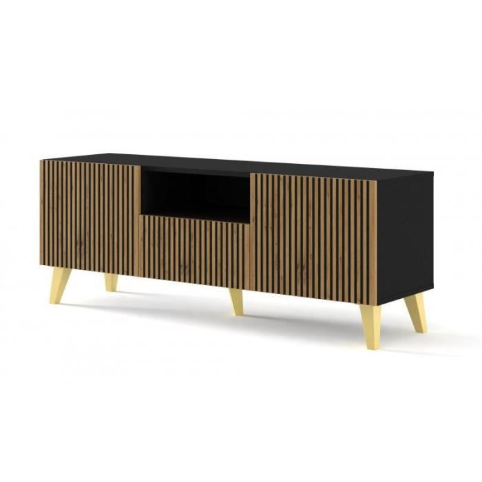 Meubles TV - Meuble TV Ravenna avec 2 portes + 1 tiroir + 1 niche en bois et pieds dorés - Beige et noir - L 150 x P 42 x H 56 cm Meubles TV - Meuble TV Ravenna avec 2 portes + 1 tiroir + 1 niche en bois et pieds dorés - Beige et noir - L 150 x P 42 x H 56 cm