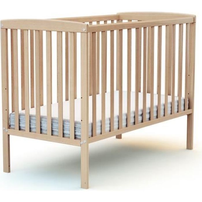KMbaby Lit Bébé 120x60cm - Bois Pin Blanc - Matelas Inclus - 3 Hauteurs Réglables