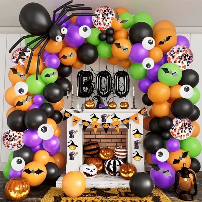 Kit Arche De Ballons Halloween 151 Pièces - Ballons Noir, Orange, Vert, Violet + Formes Citrouille, Chauve-souris... - Pour Décoration De Fête