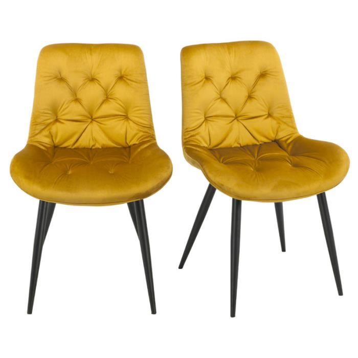 lot de 2 chaises capitonnées velours jaune et pieds métal noir - stan meubletmoi