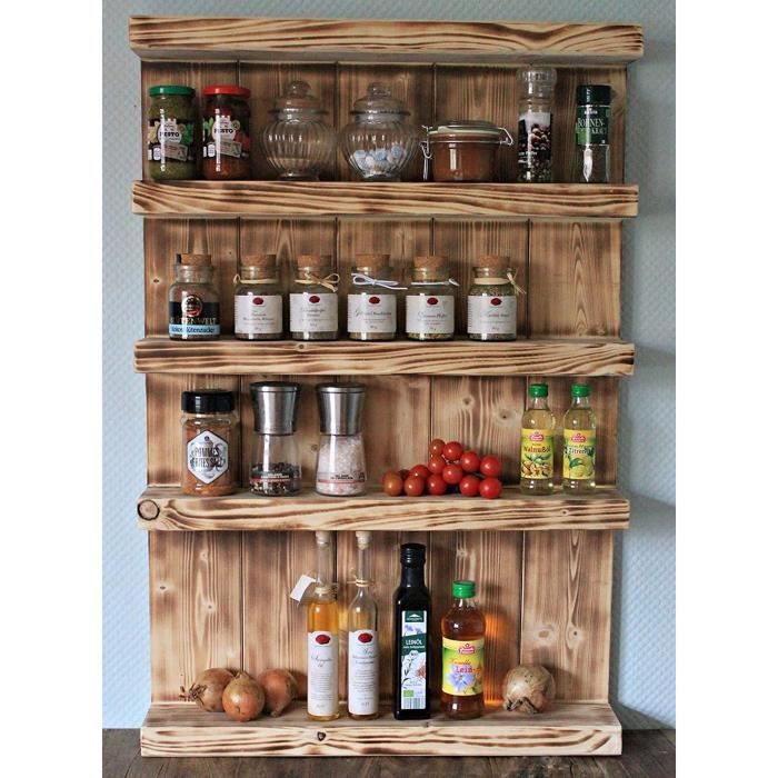 Etagère à épices en Bois à accrocher au Mur ou à Poser Couleur flammé 5 étagères 90 x