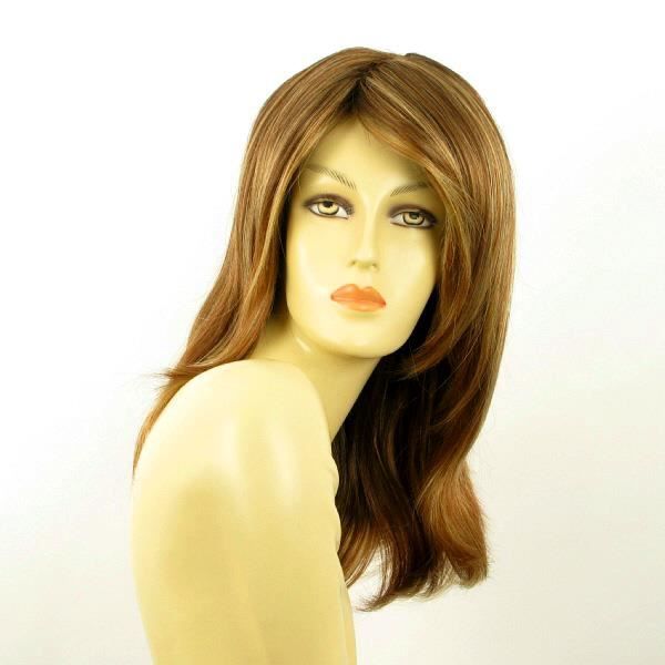 Perruque Longue Femme Châtain Cuivré Mèches Blond Clair - Synthétique Bouclée - Taille M