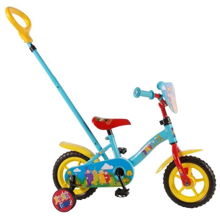 Velo Enfant Roues 10 Pouces avec Poignee de Poussee et Pignon Fixe Bleu Rouge Jaune Teletubbies 85 Assemble Cdiscount Sport