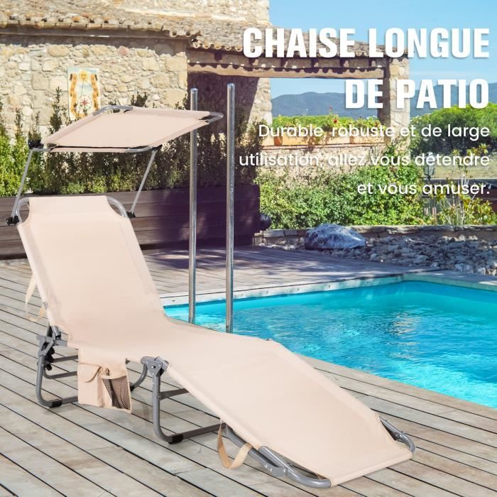 costway chaise longue pliante inclinable à 5 positions avec auvent rotatif à 360°, pour camping terrasse, charge max 150 kg, beige