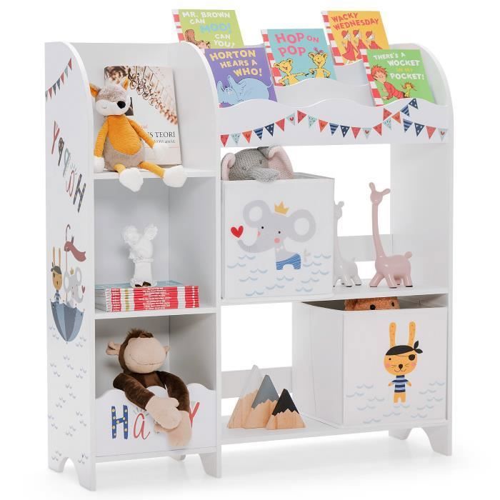 COSTWAY Meuble de Rangement Enfants pour Jouets et Livres avec 2 Tiroirs en Tissu Thème Océan pour Chambre d Enfant