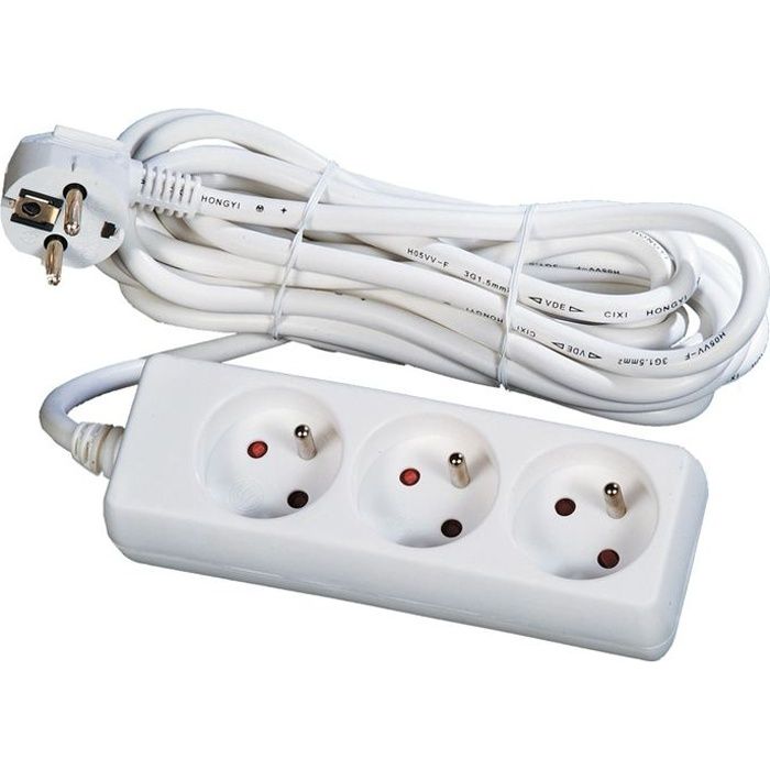 Multiprise USB filaire avec interrupteur, 5 prises + 2 USB-A blanc