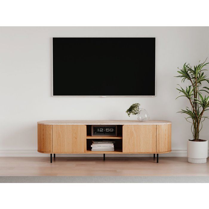 Meuble TV FABIA - Chêne & Travertin - 160 x 40 x 52 cm