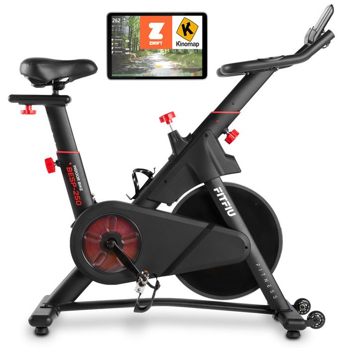 Vélo d'intérieur BESP-250 avec connexion Kinomap et Zwift APP, selle réglable, guidon avec cardiofréquencemètre, roues de transport,