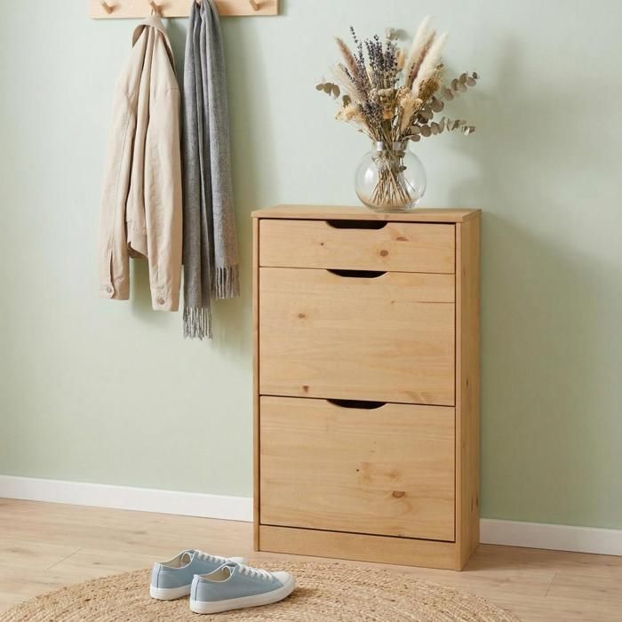 Meubles à chaussures BASIL rangement armoire avec 2 abattants et 1 tiroir en pin massif lasuré brun