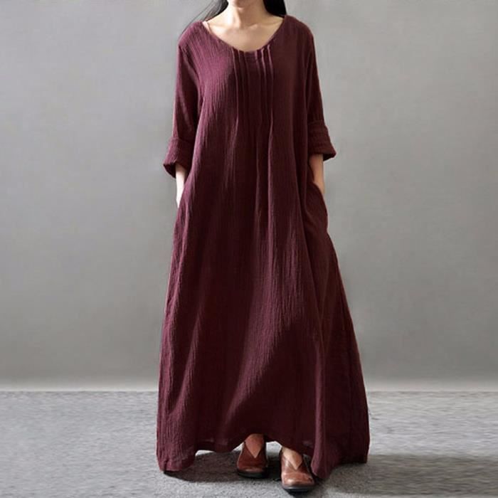 ZANZEA Femme Robe 100/% coton Impression Géométrique Manche Longue Maxi Dresse