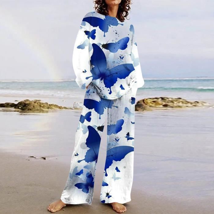 ensemble femme sasaquoy tailleur pantalon manches longues imprimé, ensemble 2 pièces mode et casual bleu