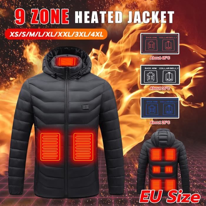 Veste Chauffante à Capuche,Veste Chaude avec 3 Niveaux de  Chauffage,Interface USB pour Ski Moto-Hommes- Femmes-sans Batterie