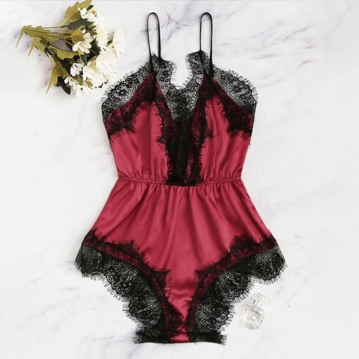 Combinaison Shorts Satin Femme - Lingerie Sexy, Pyjama Séduisant | Body Dentelle Noir
