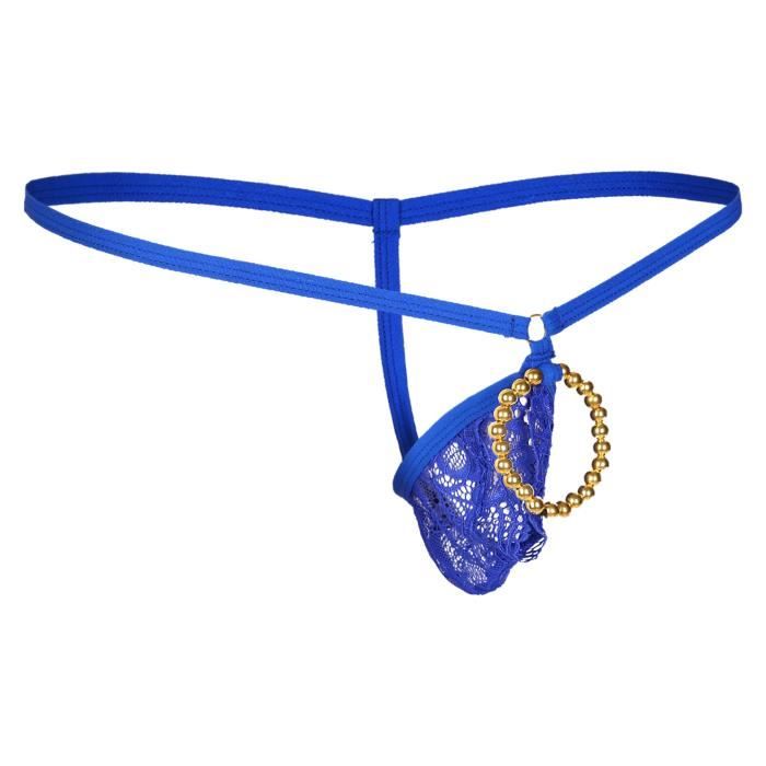 Freebily Homme Bikini G-String Thong à Pois Brillant Satin Ruffle Dentelle String Sous-vêtement Plissé Polka Dots Lingerie Underwear M-XL Bleu L