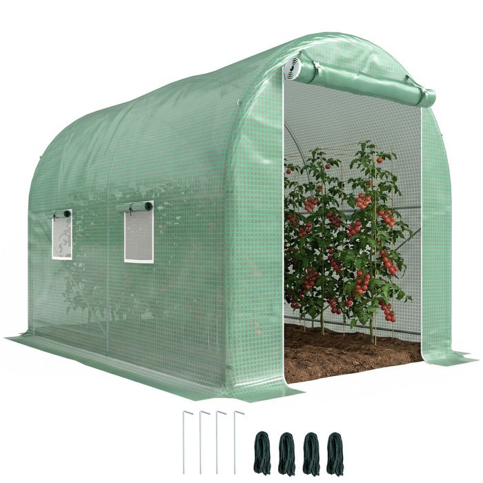 Serre de jardin tunnel - Outsunny - surface 6 m² châssis renforcé porte zippée 4 fenêtres - PE - 3x2x210m - vert