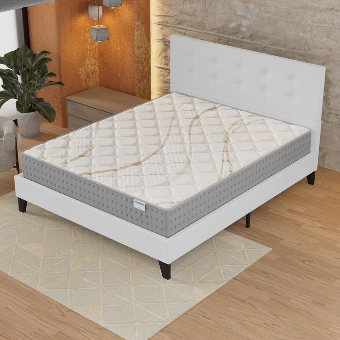 Ensemble MATELAS + LIT (140x190cm)- Essem 25cm Ressorts ensachés & Mousse HDensité + Sommier stable & tête de lit revêtement Blanc