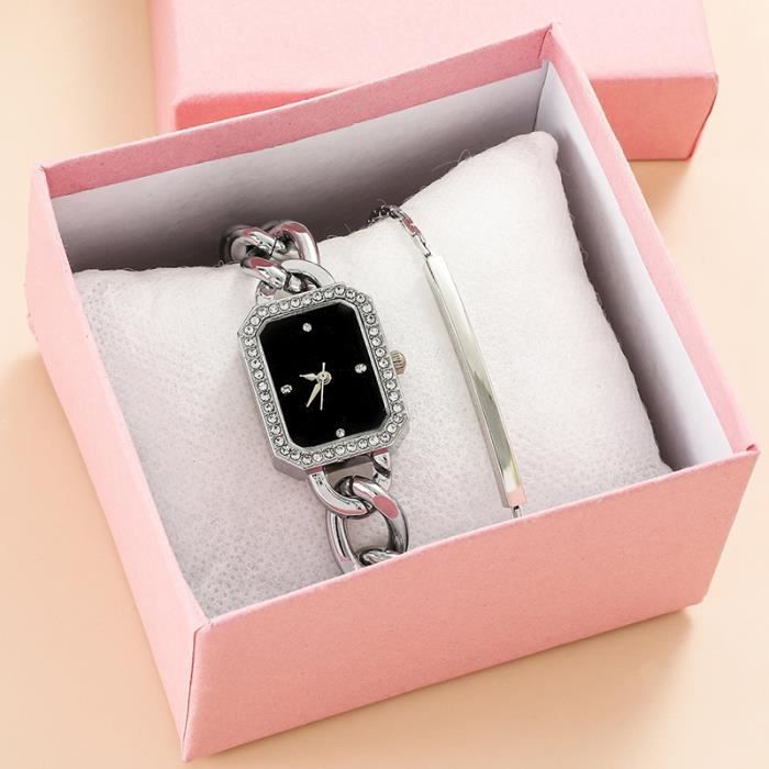 Coffret montre femme+ bracelets – simplicité mode diamant bracelet en chaîne en acier argent cadeau danniversaire