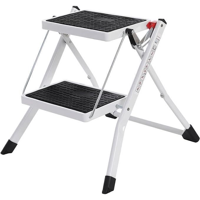 Escabeau pliant à 2 marches SONGMICS - Largeur de marche 20 cm - Charge 150 kg - Blanc et noir