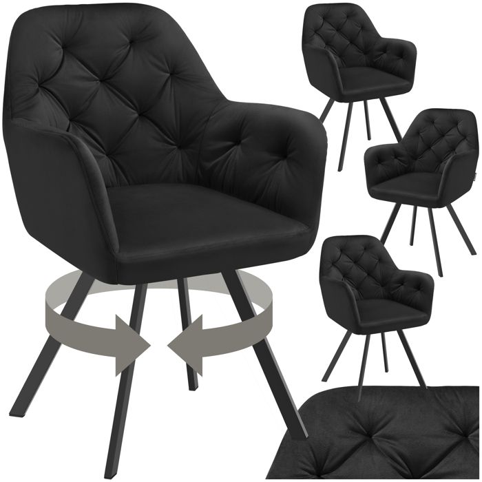 Chaise - TECTAKE - Lot de 4 fauteuils LUCIA pivotants et rembourrés en velours motif matelassé 58 x 58 x 87 cm - Noir