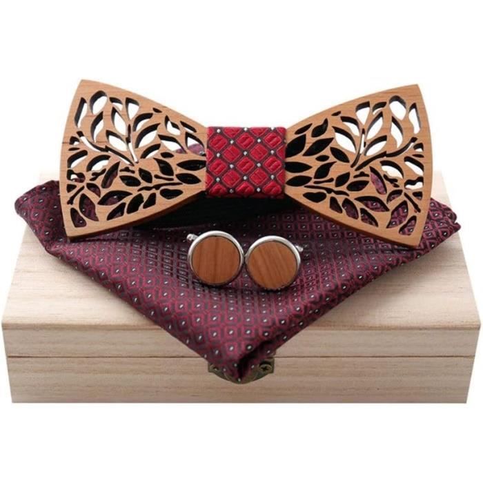 HZQIFEI Noeud Papillon Bois, Ensemble 4 Pièces Noeud Papillon En Bois + Boutons De Manchette + Broche + Carré De Poche, Accessoire Mode, Style#07, Ensemble De 4 Pièces