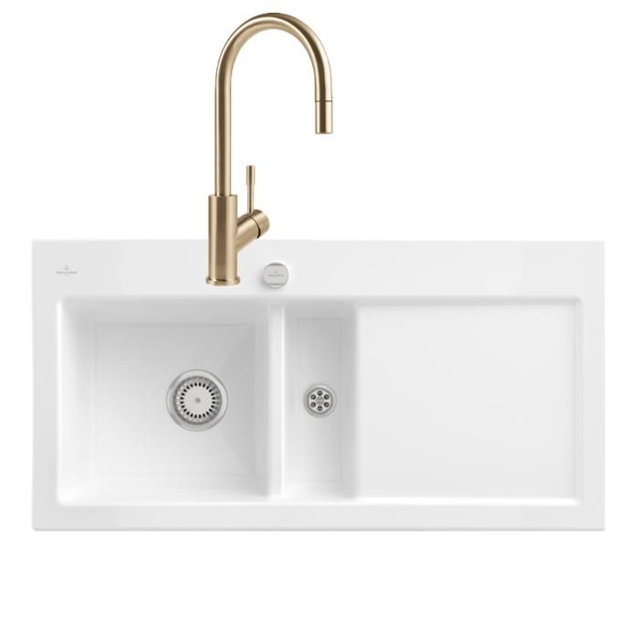 Evier VILLEROY ET BOCH Subway Pure 60 1 bac et demi égouttoir à droite vidage auto + Robinet Umbrella Flex Or