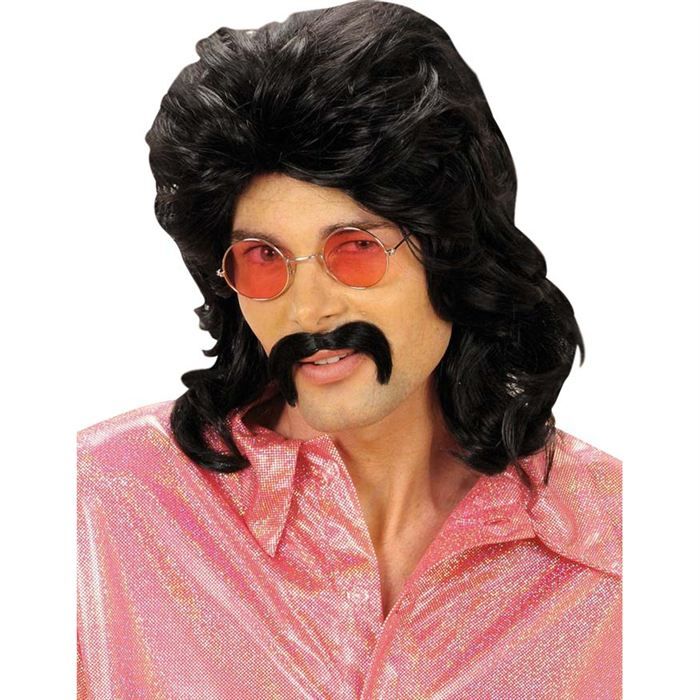 Perruque et moustache disco noires homme - WIDMANN - années 70