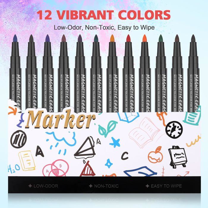 12 Feutres Tableau Blanc Effaçables Magnétiques – 12 Couleurs Vives, Pointe Fine, Faible Odeur