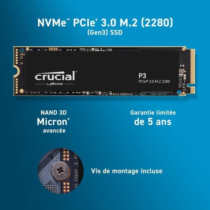 Crucial P3 2To M.2 PCIe Gen3 NVMe SSD interne - Jusqu’à 3500Mo/s -  CT2000P3SSD8