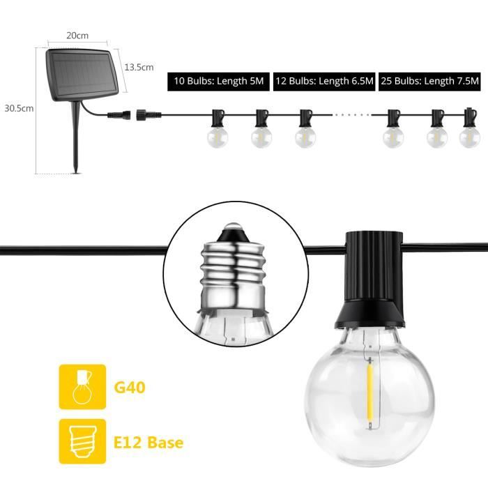 Guirlande guinguette solaire et rechargeable USB 5M ALLEGRA 10 ampoules LED  blanc chaud câble blanc extérieur