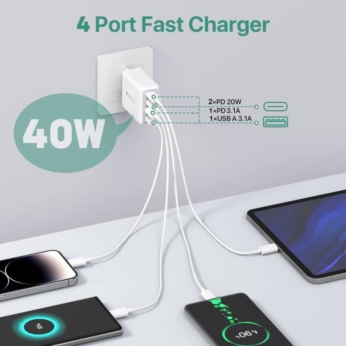 Chargeur USB-C 40W 4 Ports - PD Et QC Rapide - Compatible IPhone, Samsung, IPad - Compact, Voyage (Noir) - 3