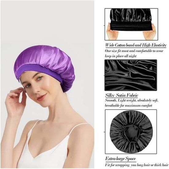 Bonnets De Nuit En Satin – Extra Longs, Réglables, Pour Cheveux Bouclés Ou Lisses, Lot De 2 Noirs