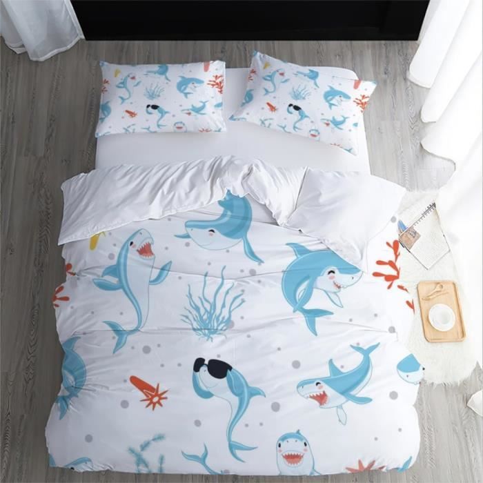 Parure De Lit Enfant 140x200 Requin - Microfibre Douce - 1 Housse De Couette + 1 Taie D'Oreiller 65x65 Cm