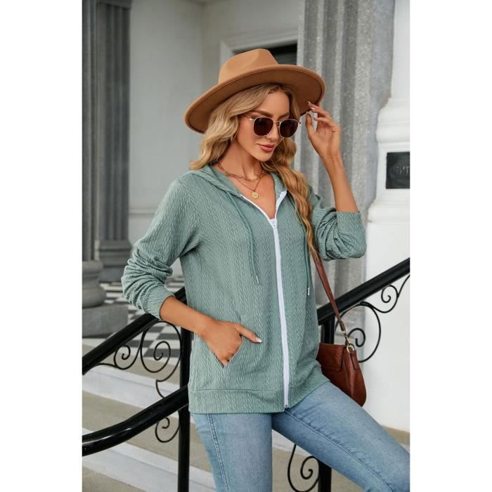 Sweat a Capuche Femme INSFITY Vert fonce Manches Longues Fermeture Eclair Automne Vert fonce Cdiscount Pret a Porter