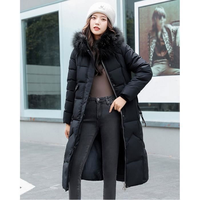 Doudoune Femme Mi Longue Hiver avec Capuche Fausse Fourrure Doudoune De Coton Chaude Doudoune Elegant Slim Fit Noir