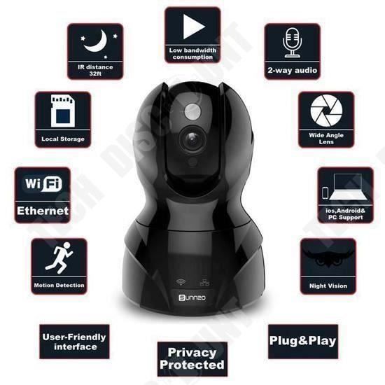 Caméra IP - TECH DISCOUNT - HD WiFi - Audio Bidirectionnel - Détection ...