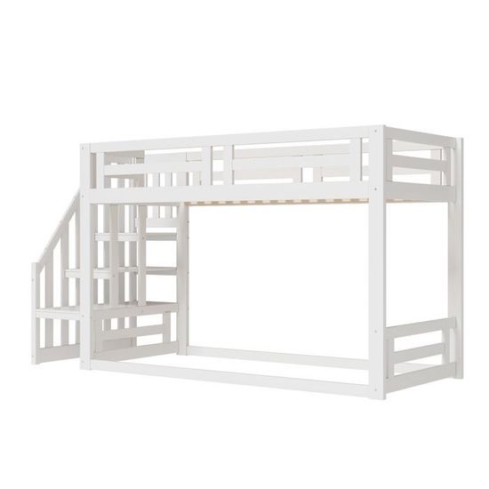 Lit Superposé Enfant 90x200 Cm Avec Rangement Et Escalier | Mezzanine 2 Places | Bois Pin | Blanc | Sans Matelas - 2