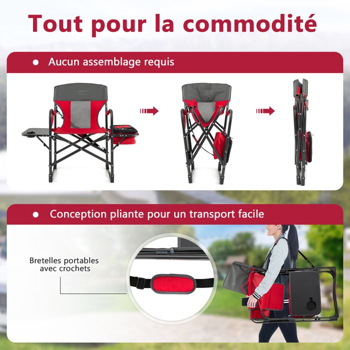 Chaise De Camping Pliante Avec Table Latérale Et Sac Isotherme Charge 180kg Sac De Rangement Sangle Portable Noir Maison Chic 85349267